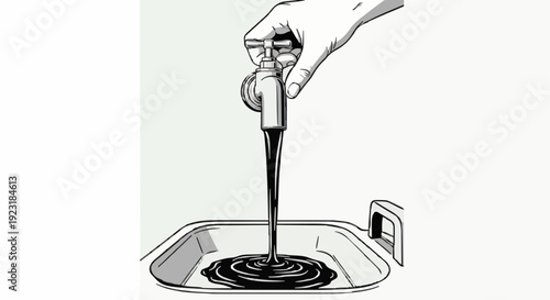 Symbolic illustration showing hand opening oil tap with black crude pouring into container, representing fossil fuel dependency and environmental impact, minimalist background, high-contrast.