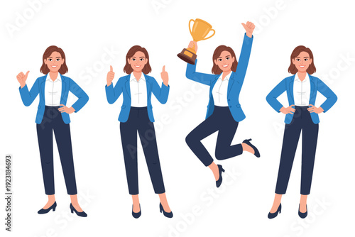 A cartoon woman in business attire celebrating success with different poses