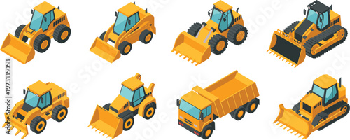 Isometric construction vehicles set with loader bulldozer dump truck and skid steer isolated on white background vector illustration