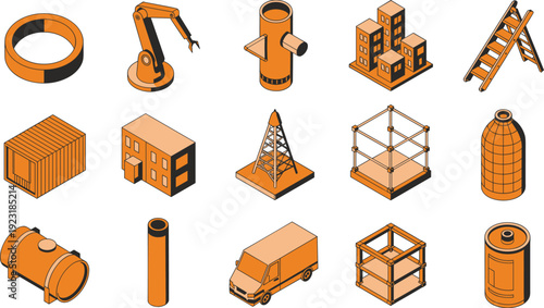 Isometric industrial construction icons set with robotic arm, storage tank, building frame and equipment vector illustration