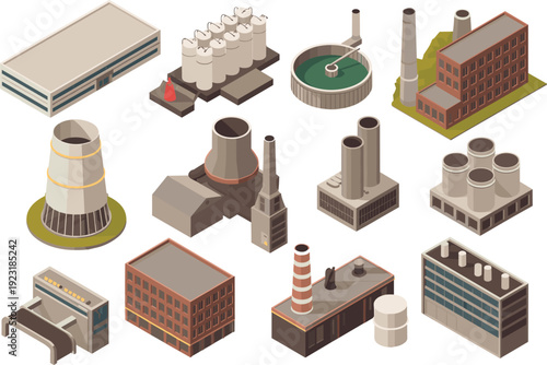 Isometric industrial factory and power plant buildings with storage tanks, cooling towers and refinery infrastructure vector illustration set