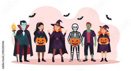 Diverse Halloween Characters in Spooky Costumes with Pumpkins and Bats - Vampire, Witches, Skeleton, Zombie Illustration