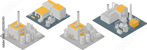 Isometric industrial factory buildings with power plant equipment, storage tanks and refinery infrastructure vector illustration collection set