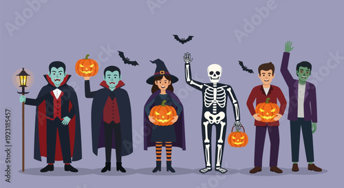 Diverse Halloween Characters Group Vector: Vampires, Witch, Skeleton, Zombie & Friends with Pumpkins and Bats for Spooky Celebrations & Trick-or-Treating