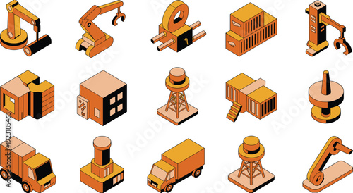 Isometric industrial logistics and construction equipment icon set with factory buildings, cranes, trucks and storage containers vector illustration