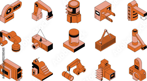 Isometric robotic automation and industrial machinery icon set with mechanical arms, factory equipment and manufacturing technology vector illustration