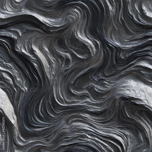 seamless pattern of swirling, dark liquid with silver highlights, resembling a marble texture. high-resolution texture for use in design projects.