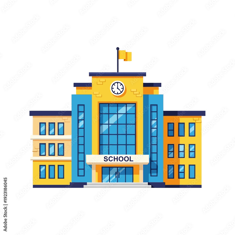 Fototapeta premium Colorful illustration of a two story school building with a flag