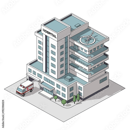 Isometric illustration of a modern hospital building with a helipad