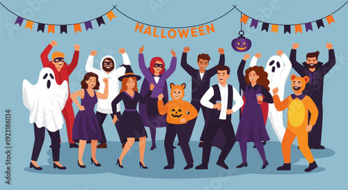 Happy Halloween Party Celebration: Diverse Group of Friends in Costumes Dancing, Having Fun, and Enjoying Festive Decor