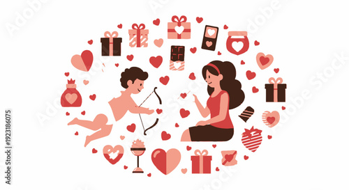 Valentine's Day Love Illustration with Cupid, Woman, Heart Letters & Gifts