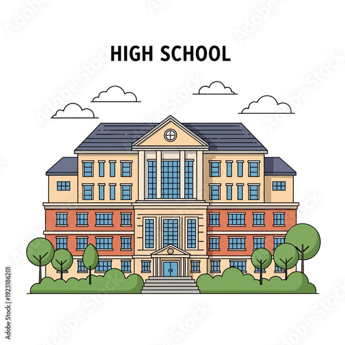 Colorful illustration of a classic high school building with surrounding trees