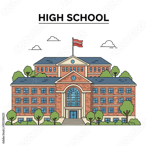 Illustration of a brick high school building with a raised flag