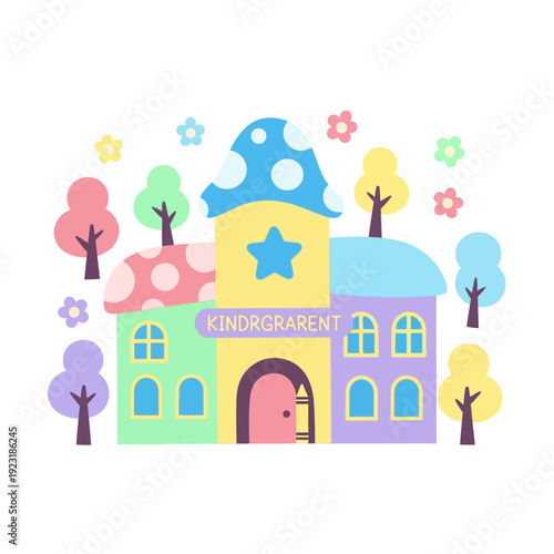 Colorful cartoon illustration of a whimsical kindergarten building and trees