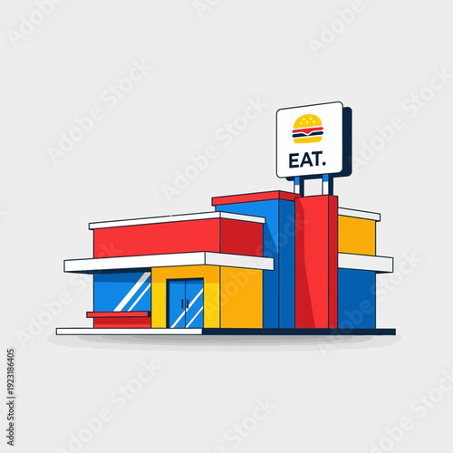 Stylized illustration of a fast food restaurant with a burger sign