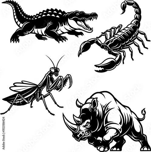 Dangerous Predator Vector Set: Crocodile, Scorpion, Praying Mantis, and Rhino Mascots