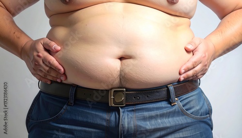 Overweight person showing belly fat, concept of obesity and unhealthy lifestyle.