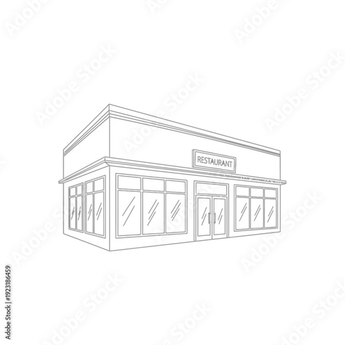 Line drawing of a simple restaurant building with large windows