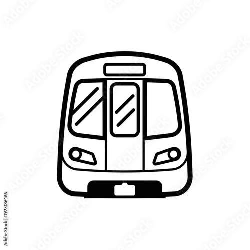Simple black and white line drawing of a front facing subway train