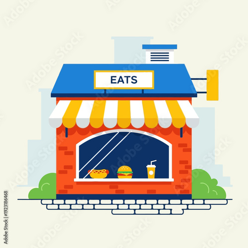 A colorful illustration of a small stylized fast food restaurant