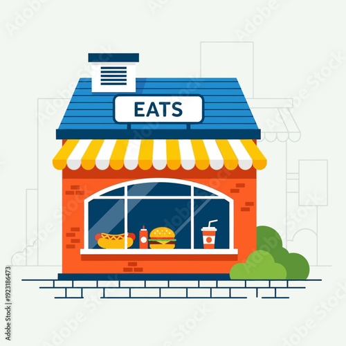 A brightly colored cartoon illustration of a small eatery building