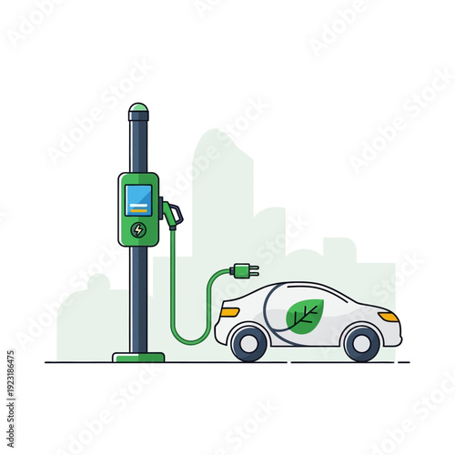 Electric vehicle charging station with a car plugged in for power
