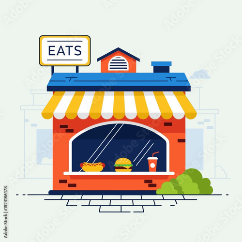 Illustration of a vibrant orange and blue fast food restaurant storefront