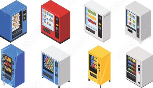 Isometric vending machines collection with snacks and drinks, colorful automated retail dispenser set isolated on white background vector illustration