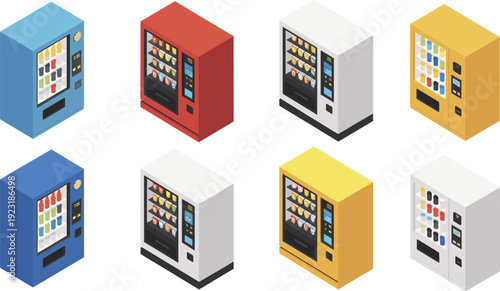 Isometric vending machines collection with snacks and drinks, colorful automated retail dispensers set isolated on white background vector illustration