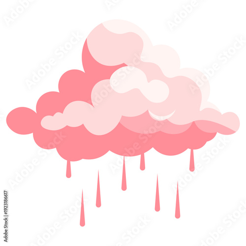 Pink layered rain cloud with dripping rain perfect for romantic weather illustrations, gentle precipitation graphics, soft shower designs, colorful atmospheric elements, and flat style.
