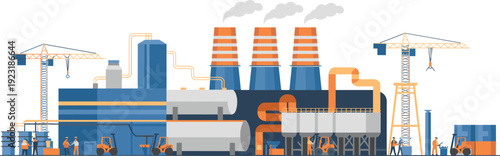 Large industrial factory with cranes pipelines storage tanks and workers flat vector illustration for heavy manufacturing production concept