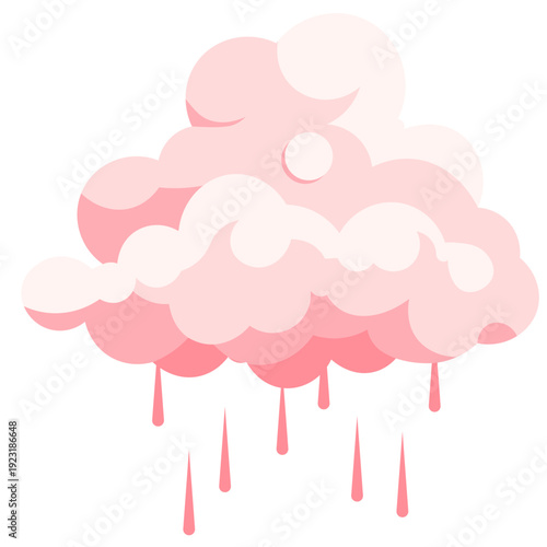 Pink layered rain cloud with dripping rain ideal for romantic weather illustrations, gentle precipitation graphics, soft shower designs, colorful atmospheric elements, and flat style.