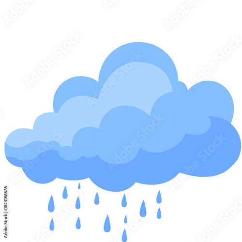 Blue rain cloud with falling drops ideal for weather forecasts, precipitation graphics, shower illustrations, calm atmospheric elements, and clean contemporary flat design style.