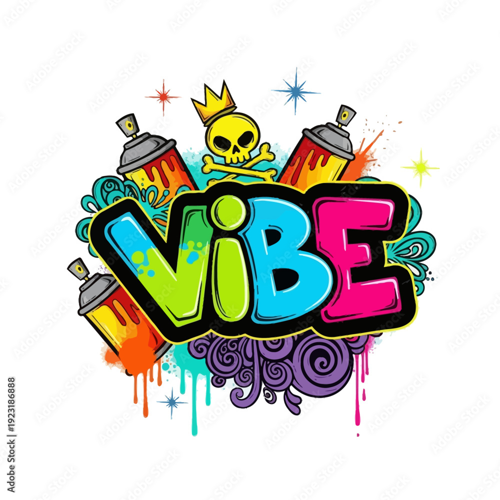 Fototapeta premium Colorful graffiti art featuring the word vibe with spray cans and skull