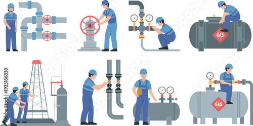 Oil and gas industry workers operating refinery equipment pipelines storage tanks and valves flat vector illustration set