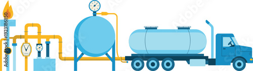Oil and gas refinery pipeline system with storage tank pressure gauge and fuel tanker truck vector illustration