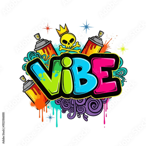 Εκτύπωση καμβά Colorful graffiti art featuring the word vibe with spray cans and skull