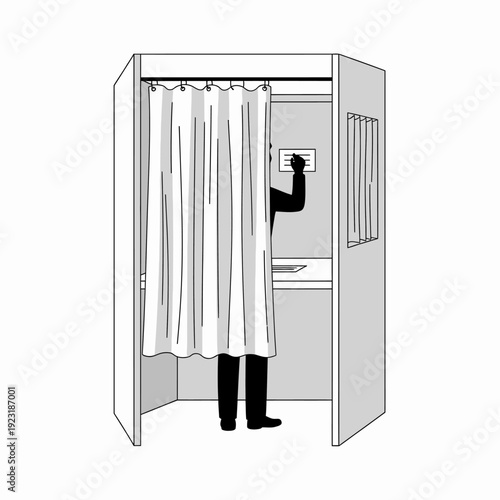 Illustration of a voting booth with a hand marking a ballot