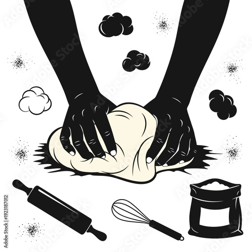 Hands kneading dough with baking tools in a stylized illustration