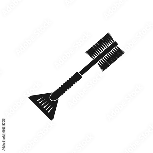 A black silhouette of an ice scraper with brush for vehicle windows