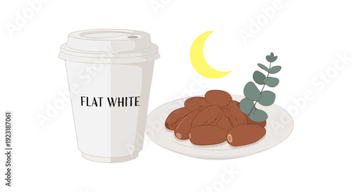 Delicious flat white coffee paired with a plate of fresh dates, adorned with eucalyptus leaves and a serene crescent moon, symbolizing a nourishing evening snack or thoughtful break
