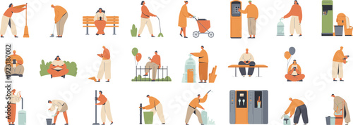 People daily life activities collection with cleaning, shopping, resting and public services scenes isolated on white background vector illustration