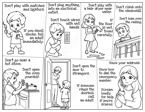 A children's poster on home safety. A coloring page with safety tips for kids