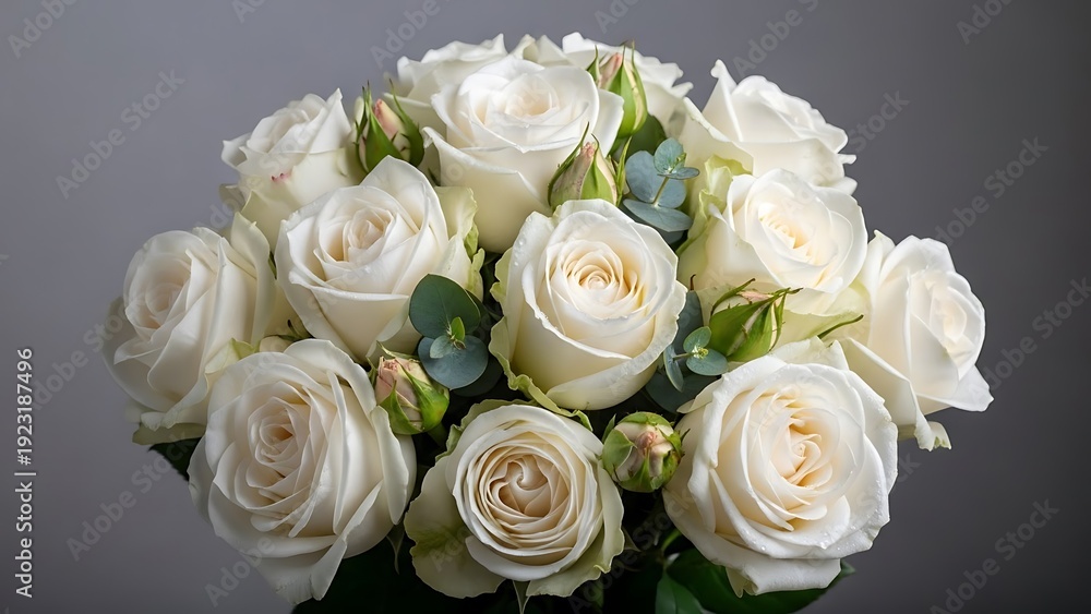 Fototapeta premium Bouquet of White Roses with Green Eucalyptus Leaves and Buds rose bouquet floral arrangement