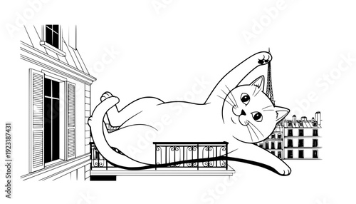 Surreal Giant  Cat on Minimalist Balcony in Paris, Playful and Absurd Fantasy Animal Concept