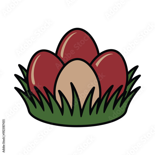 Four colored eggs resting in a cluster of green grass.