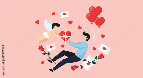 Valentine's Day Love Gift Illustration: Cupid Delivering Heart Box to Man with Roses & Balloons