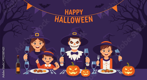 Happy Halloween Family Dinner Party Illustration with Costumed Characters, Pumpkins, and Festive Decorations