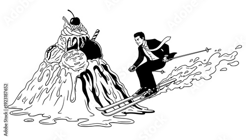 Business Man Skiing on Giant Melting Ice Cream Mountain, Playful Absurdity and Creative Escapism Concept