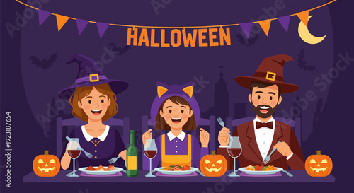 Happy Family Halloween Dinner Party Illustration with Costumed Characters and Festive Decorations
